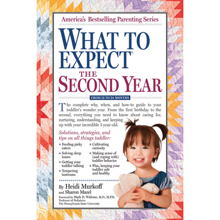 What to Expect the Second Year 12-24 months book cover, quilt background with toddler, Childbirth Graphics, 50928