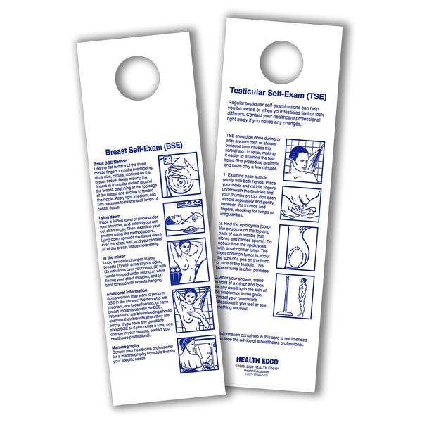 Breast Self Exam (BSE) & Testicle Self-Exam (TSE) showercard, two-sided info & diagrams vinyl for shower, Health Edco, 23021