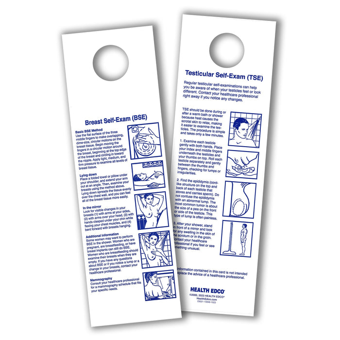 Breast Self Exam (BSE) & Testicle Self-Exam (TSE) showercard, two-sided info & diagrams vinyl for shower, Health Edco, 23021