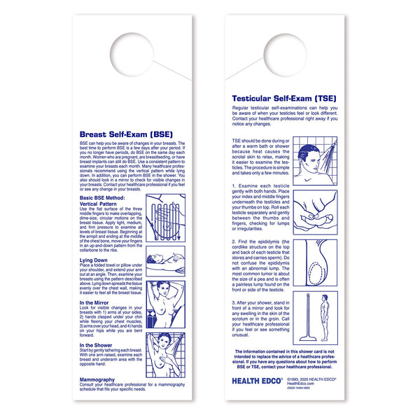 BSE/TSE Shower Card, Vertical, English, breast self-exam and testicular self-exam instruction cards, Health Edco, 23022