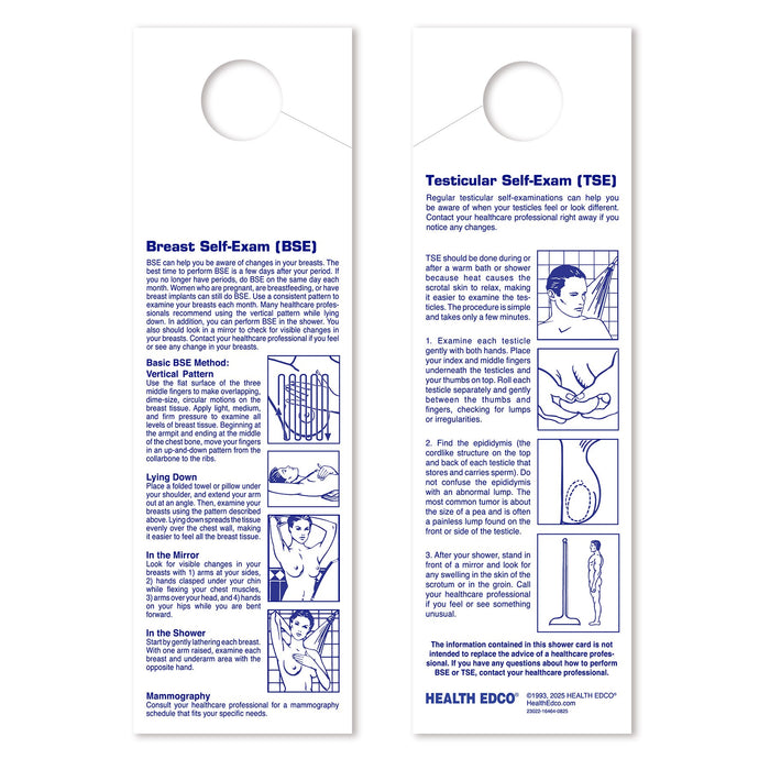 BSE/TSE Shower Card, Vertical, English, breast self-exam and testicular self-exam instruction cards, Health Edco, 23022
