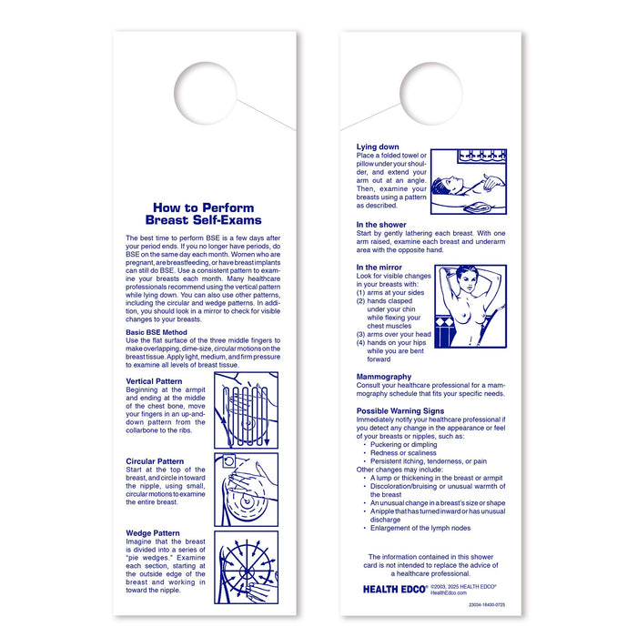Multi-Pattern BSE Shower Card for breast self-exam by Health Edco, breast cancer awareness women's health education, 23034