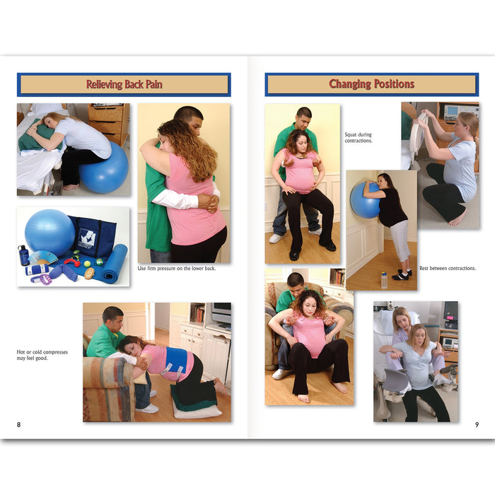 Birth Companion Booklet  by Childbirth Graphics, images of back pain relief and changing positions for couples in labor, 38525