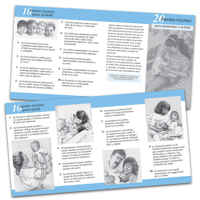 20 great reasons to breastfeed 2-color illustrated pamphlet in Spanish inside and outside image shown, encourage new moms to breastfeed, Childbirth Graphics, 38546