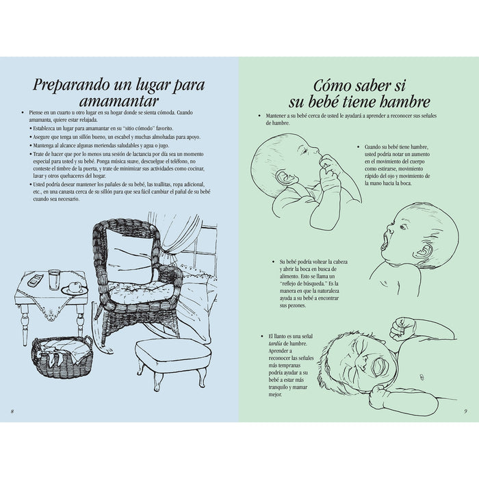 Breastfeeding Basics 16-page illustrated booklet center spread image shown Spanish, setting up a breastfeeding station, how to tell when your baby is hungry, Childbirth Graphics, 38603