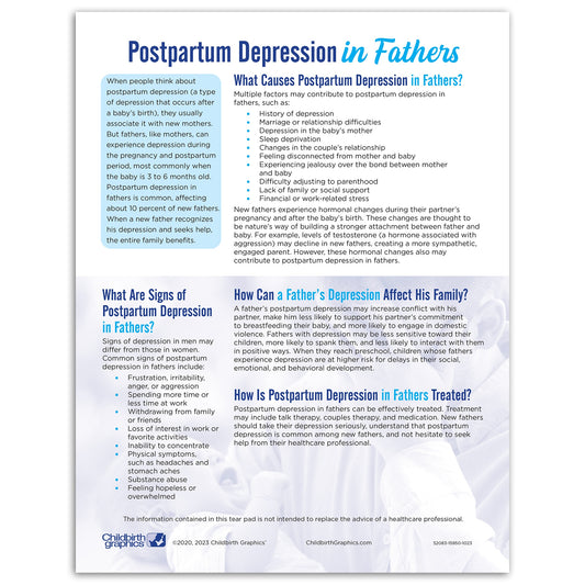 Postpartum Depression in Fathers Tear Pad from Childbirth Graphics, English side handout to educate new dads, 52083