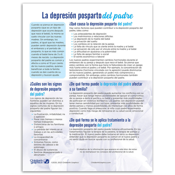 Postpartum Depression in Fathers Tear Pad from Childbirth Graphics, Spanish side handout to educate new dads, 52083