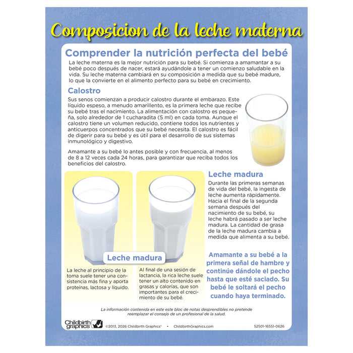 Breastmilk Composition Tear Pad, Childbirth Graphics breastfeeding education handout about breastmilk, Spanish side, 52501