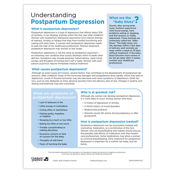 Understanding Postpartum Depression Tear Pad by Childbirth Graphics, English side of educational handout for new moms, 52540