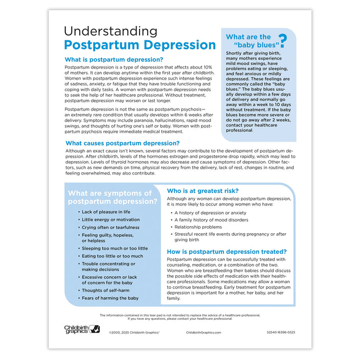 Understanding Postpartum Depression Tear Pad by Childbirth Graphics, English side of educational handout for new moms, 52540