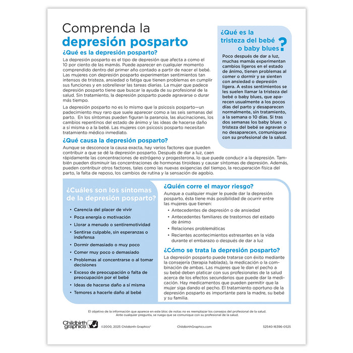 Understanding Postpartum Depression Tear Pad by Childbirth Graphics, Spanish side of educational handout for new moms, 52540