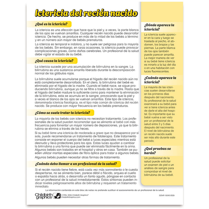 Newborn Jaundice Tear Pad, childbirth education materials and resources for new parents, Childbirth Graphics, 52549