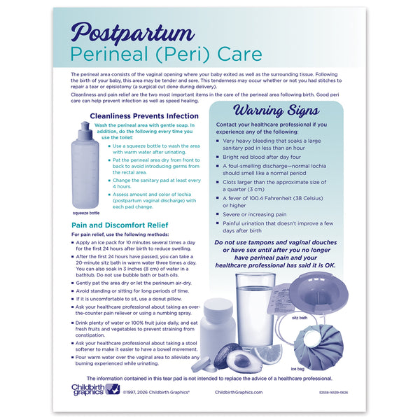 Perineal Care Tear Pad, women's postpartum education tear pad, English care instructions, Childbirth Graphics, 52558