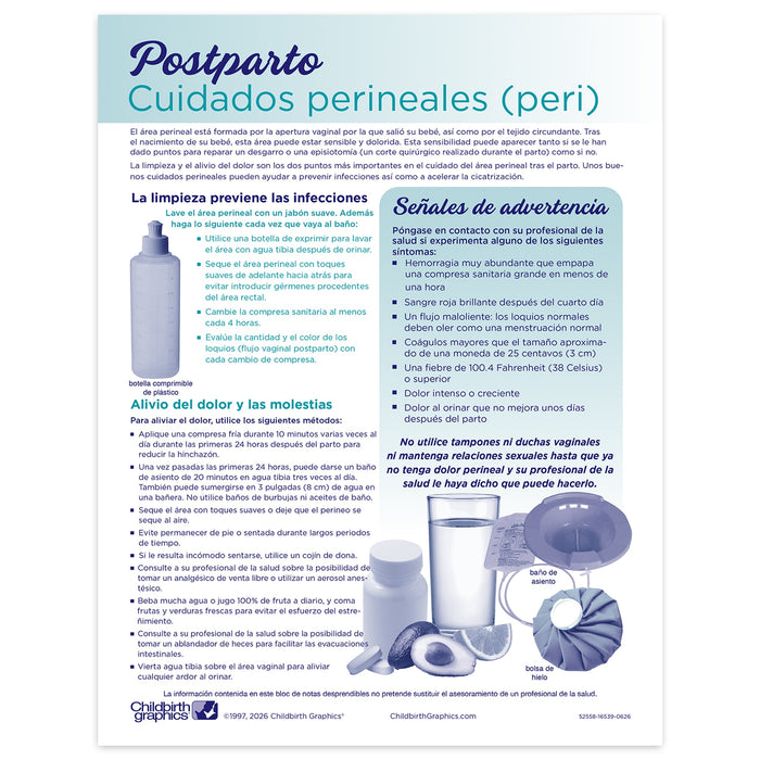 Perineal Care Tear Pad, women's postpartum education tear pad, Spanish care instructions, Childbirth Graphics, 52558