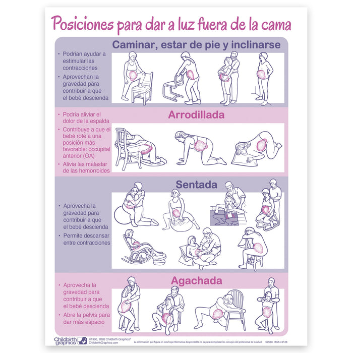 Positions for Laboring Out of Bed bilingual educational tear pad with Spanish text on back from Childbirth Graphics, 52560