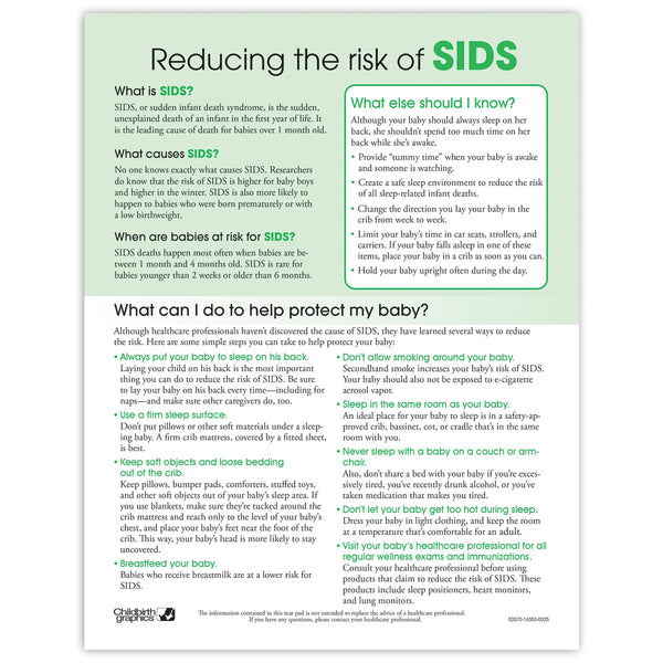 Reducing the risk of SIDS Tear Pad, newborn education handout for parents to teach sleep safety, Childbirth Graphics, 52570