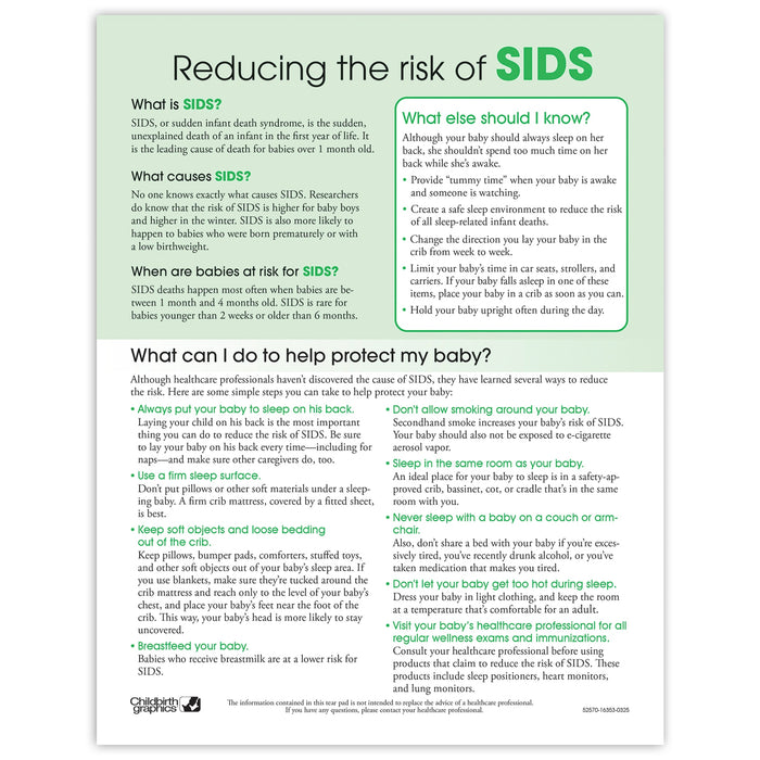 Reducing the risk of SIDS Tear Pad, newborn education handout for parents to teach sleep safety, Childbirth Graphics, 52570