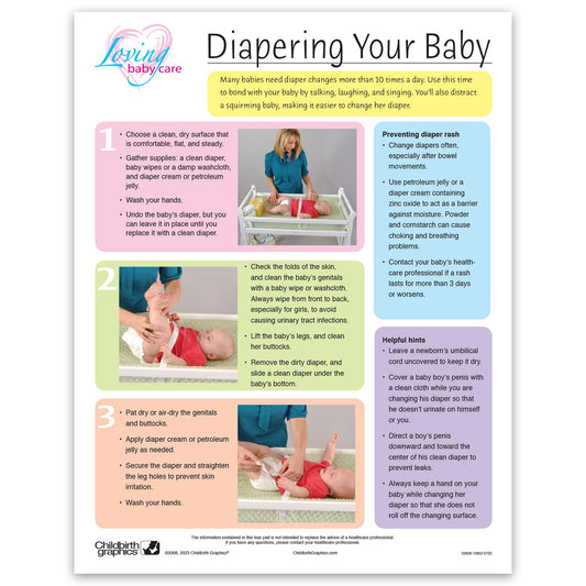 Diapering Your Baby Tear Pad, Childbirth Graphics new parenting handout English side teaching how to diaper a baby, 52606