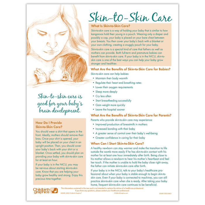 Skin to Skin Tear Pad for parent education by Childbirth Graphics, English side to teach kangaroo care of infants, 52608