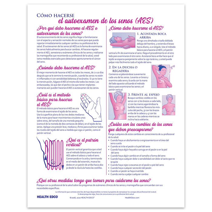 How to Perform Breast Self-Examination BSE 2-color illustrated tear pad Spanish back, Health Edco 52623