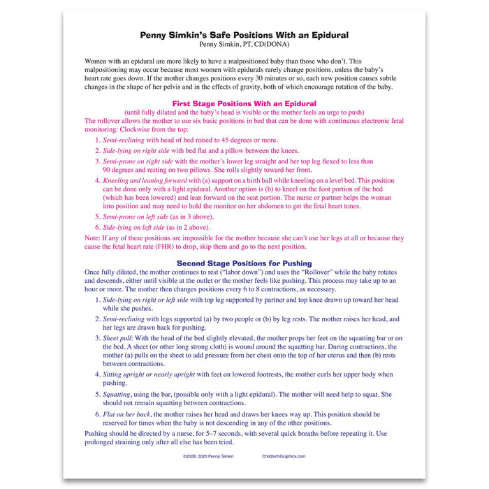 Penny Simkin's Safe Positions With an Epidural tear pad by Childbirth Graphics, educational information on epidurals, 52728