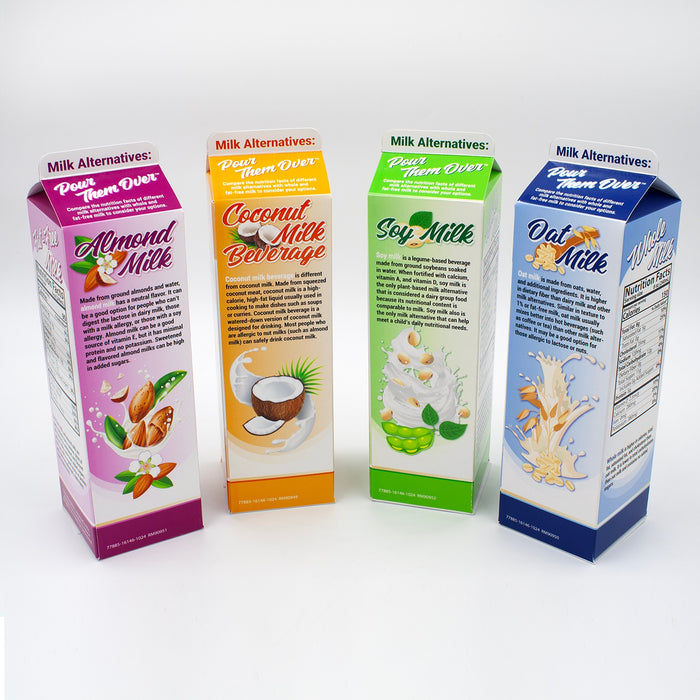 Milk Alternatives: Pour them Over Display, health education four carton display on nutritional values, Health Edco, 77885