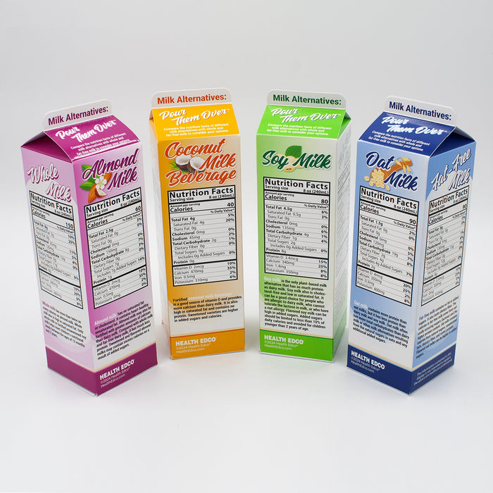 Milk Alternatives: Pour them Over Display, health education four carton display on nutritional values, Health Edco, 77885