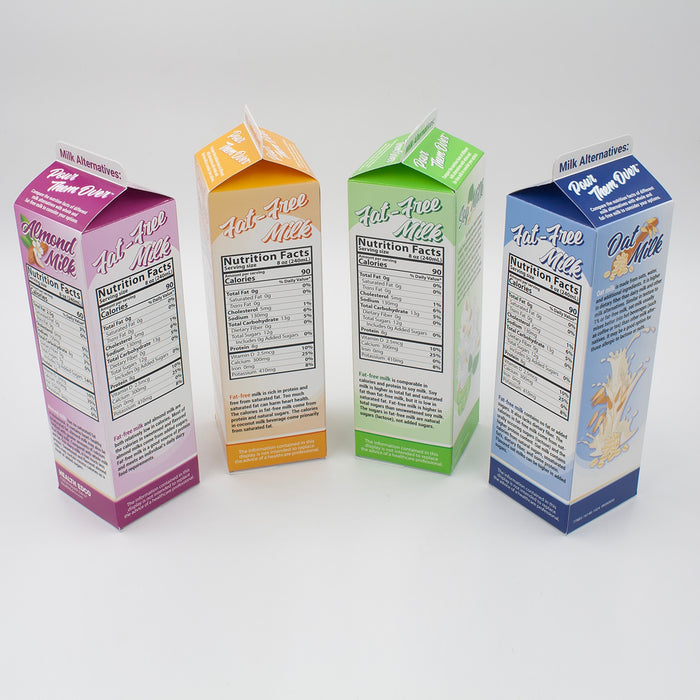Milk Alternatives: Pour them Over Display, health education four carton display with fat-free milk label, Health Edco, 77885