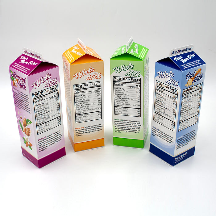 Milk Alternatives: Pour them Over Display, health education four carton display with whole milk label, Health Edco, 77885